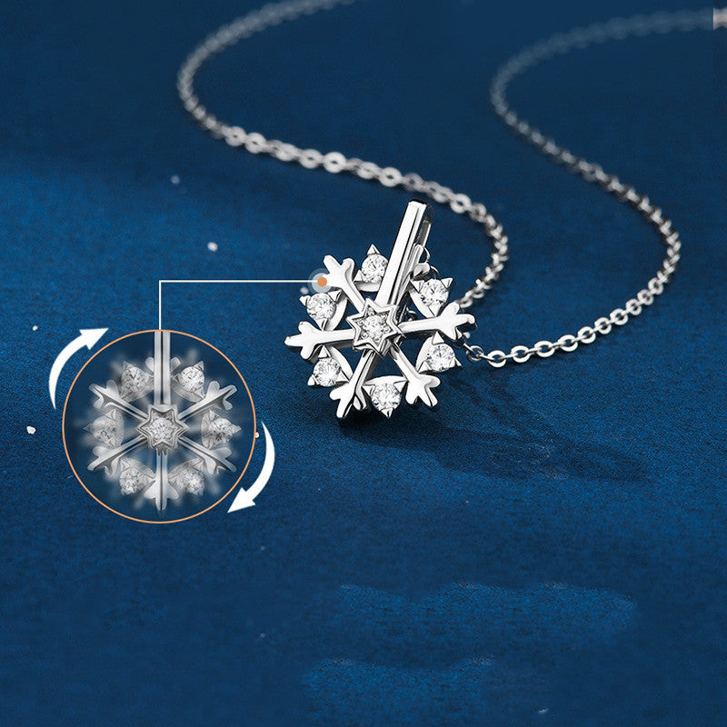 Rotatable 925 Silver Snowflake Necklace Women Luxury Niche Design Shiny Rhinestone Jewelry Autumn And Winter Birthday Gift For Friends