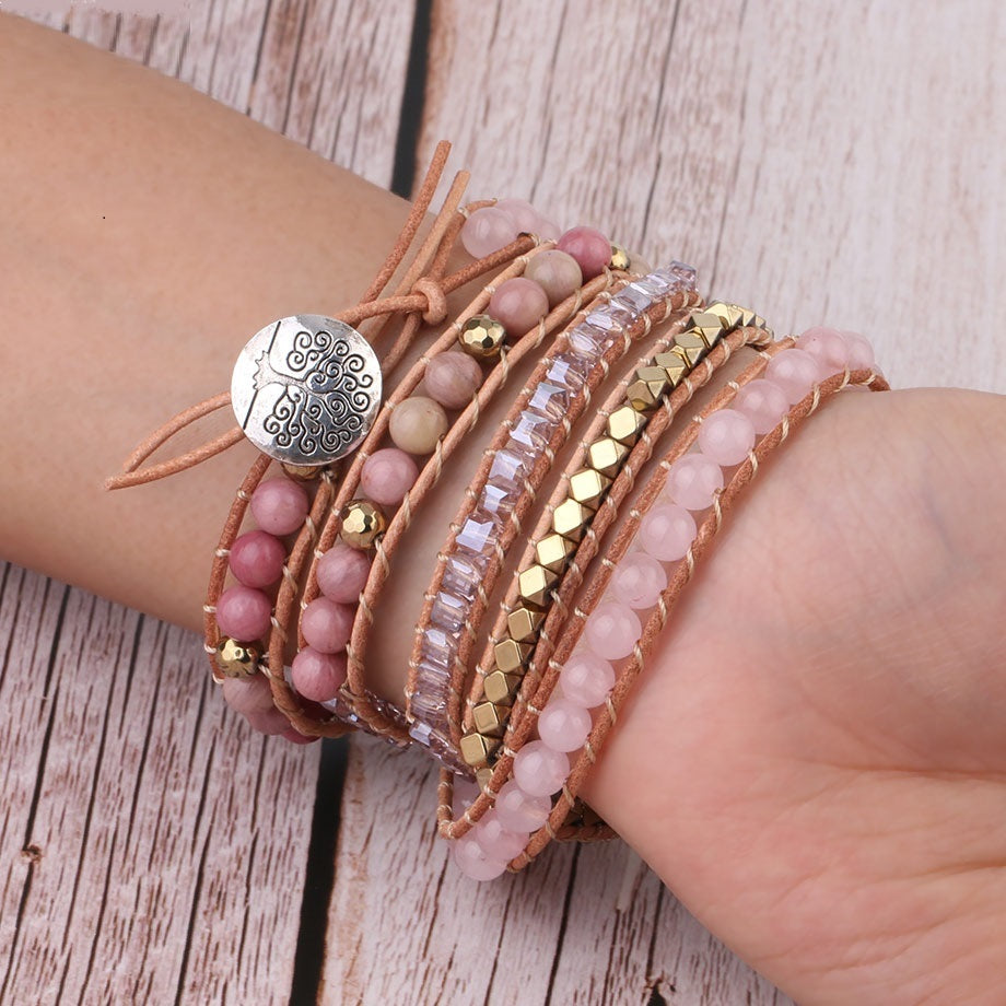 Natural Stone Bracelet  Quartz Leather Wrap Bracelets For Women Rose Gems Beads Jewelry 5 Strand