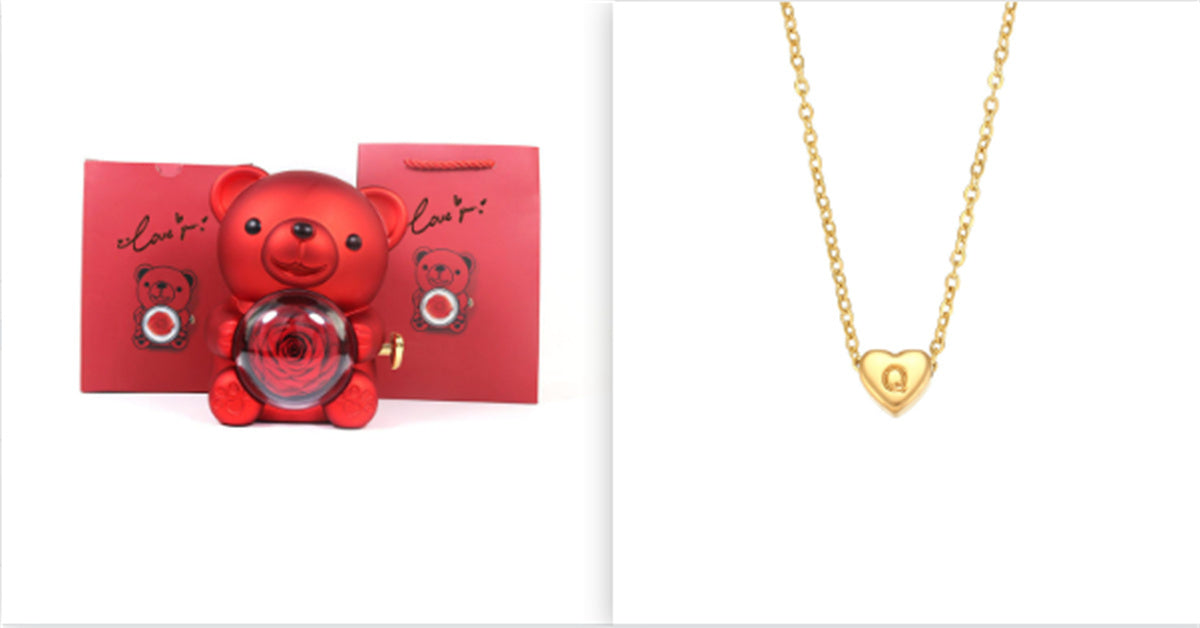 Eternal Rose Teddy Bear Gift Box with Rotating Jewelry Drawer
