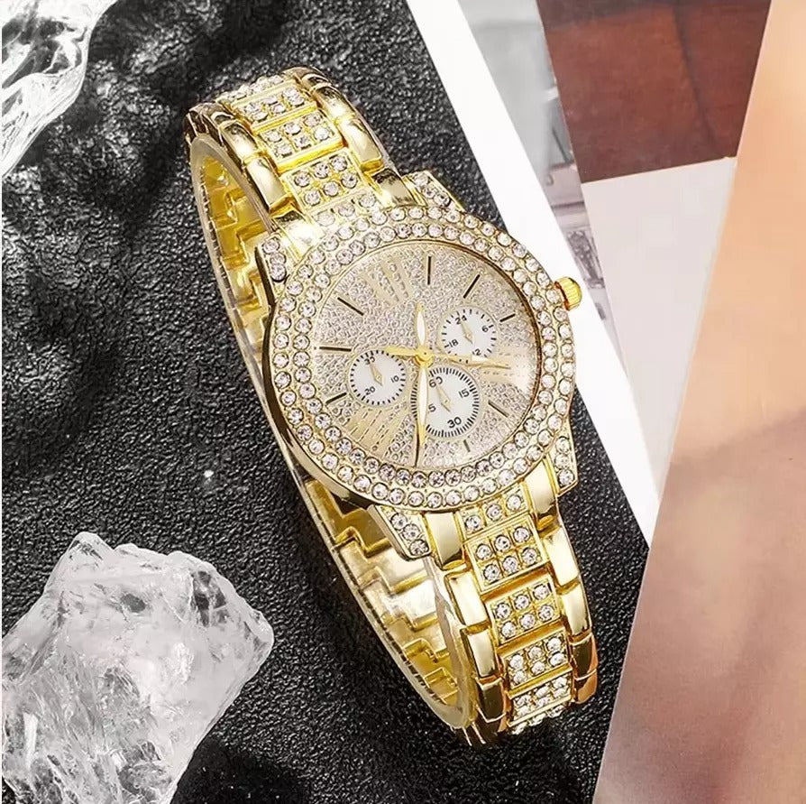 Gold Boho Ring Set & Full Diamond Watch Suit