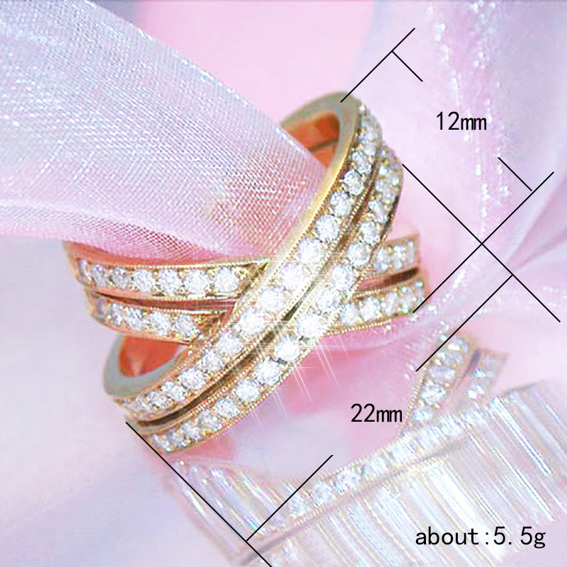 Luxury Women's Ring Double Row Cross Inlaid Zircon Party Copper Ring Jewelry