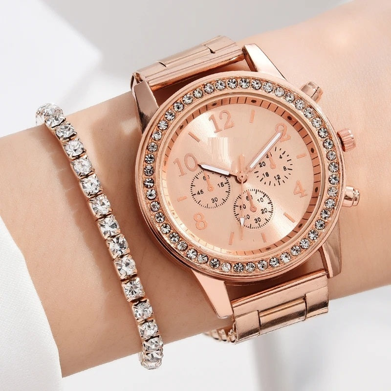 Steel Strap Women's Watch Fake Three Eyes Women's Casual Korean Quartz Watch Set