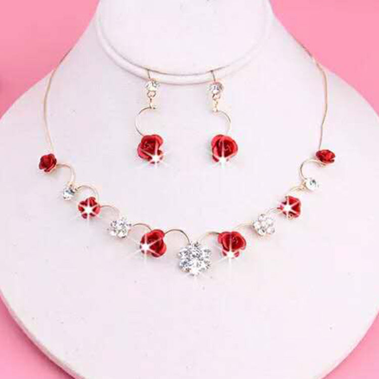 Korean small clear new bride red rose necklace, earrings, suit dress and accessories wholesale