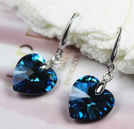 Blue Crystal Heart Dangle Earrings