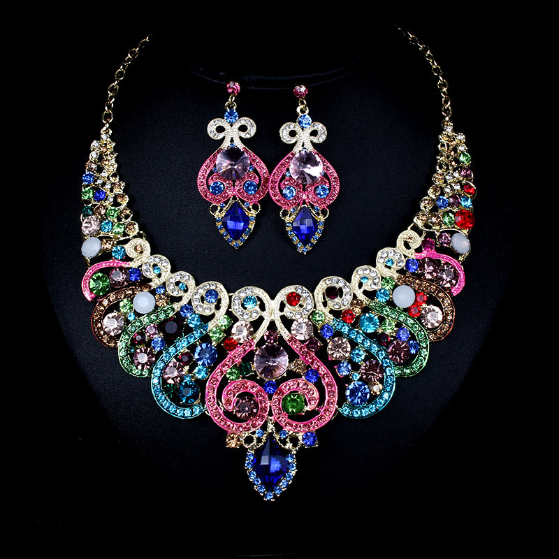 Fast selling explosion, Middle East, Europe and America, colorful exaggerated bride necklace, earring set, alloy color plating