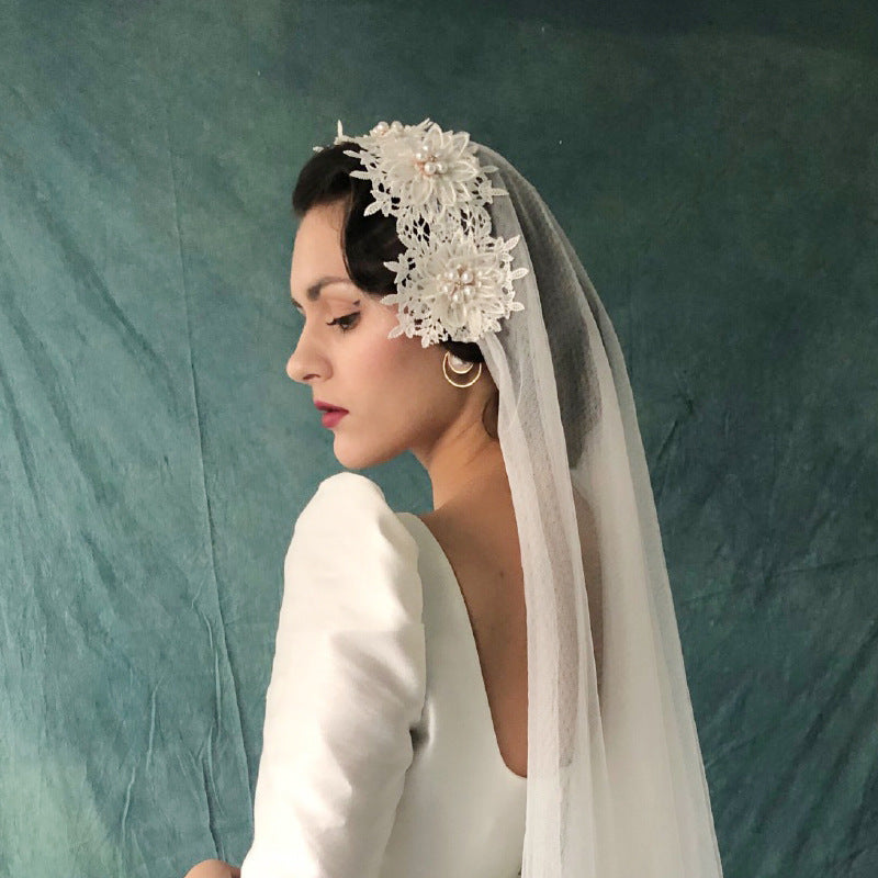 Retro Simple Lace Pearl Short Double Veil