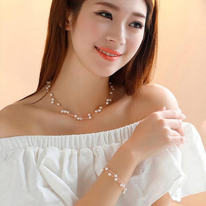 All-match Sweet And Elegant Bride Bridesmaid Mesh  Pearl Necklace Bracelet Earring Set 3 Piece Jewelry Wholesale