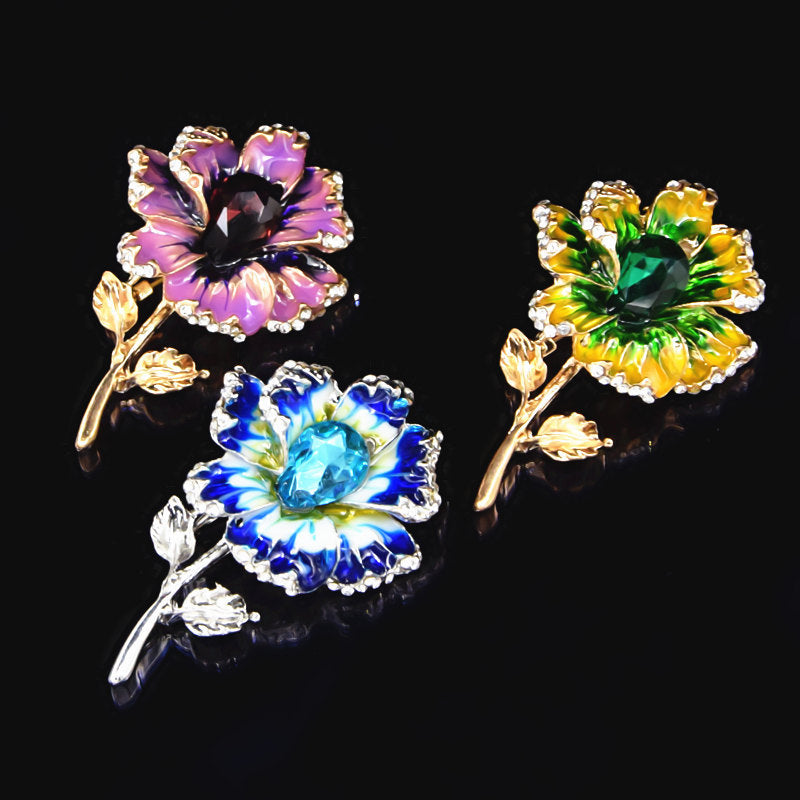 Crystal Enamel Painted Flower Brooch