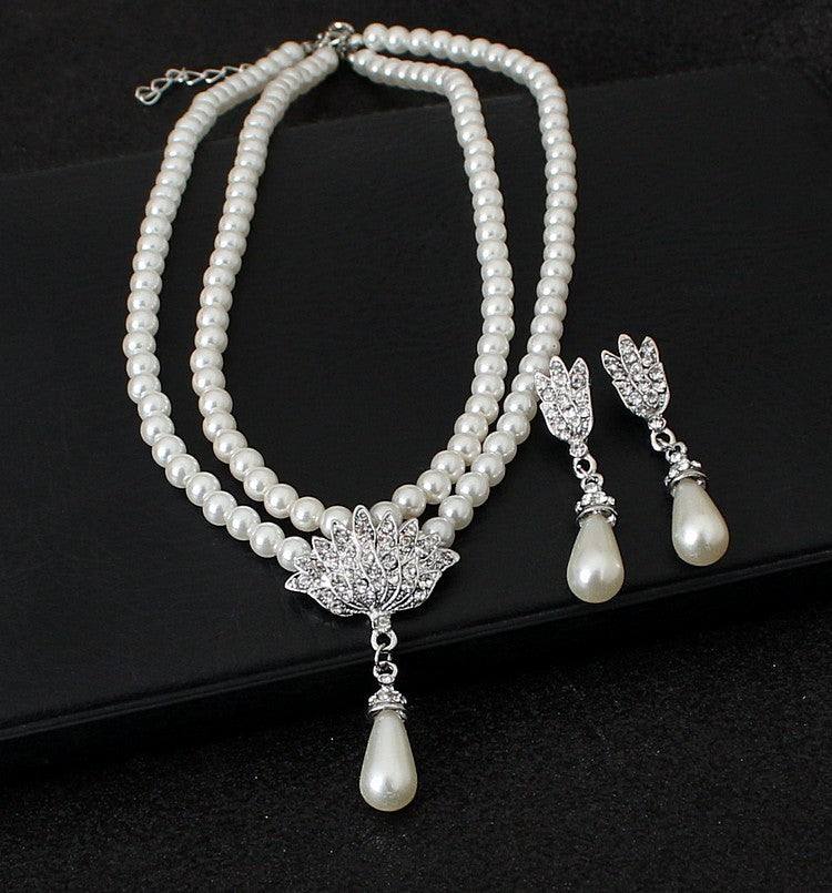 European and American foreign trade big wedding bride jewelry pearl crystal diamond necklace earrings set CMT087