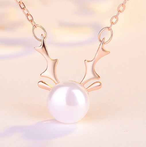 Deer Horn 14k Rose Gold Pearl Necklace