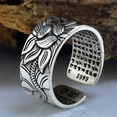 Thai Silver Black Men'S And Women'S Lotus Heart Sutra  Ring