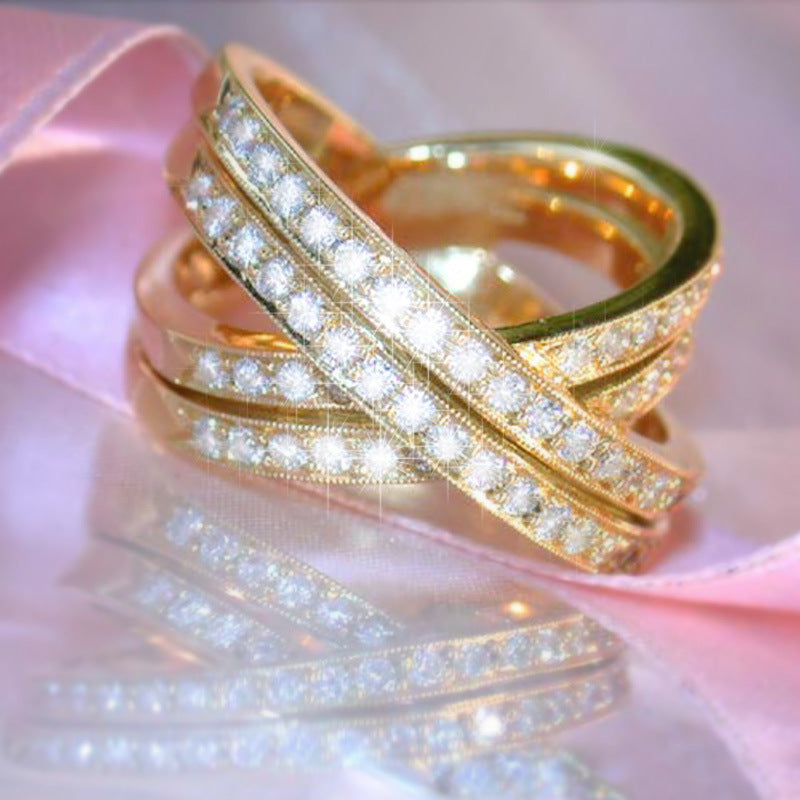 Luxury Women's Ring Double Row Cross Inlaid Zircon Party Copper Ring Jewelry
