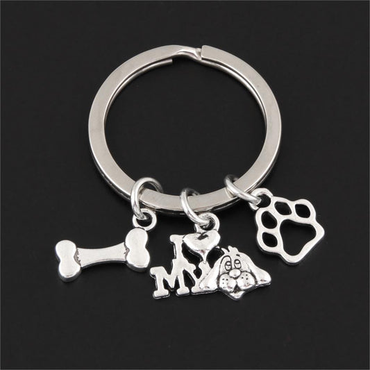 Pet I Love My Dog Bone Paw Keychain