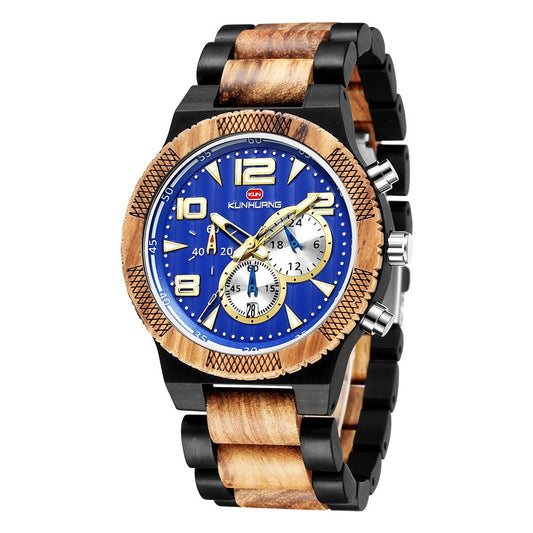 Kunhuang New Men's Watch Big Dial Movement Multi Function Sandalwood Quartz Watch With Luminous