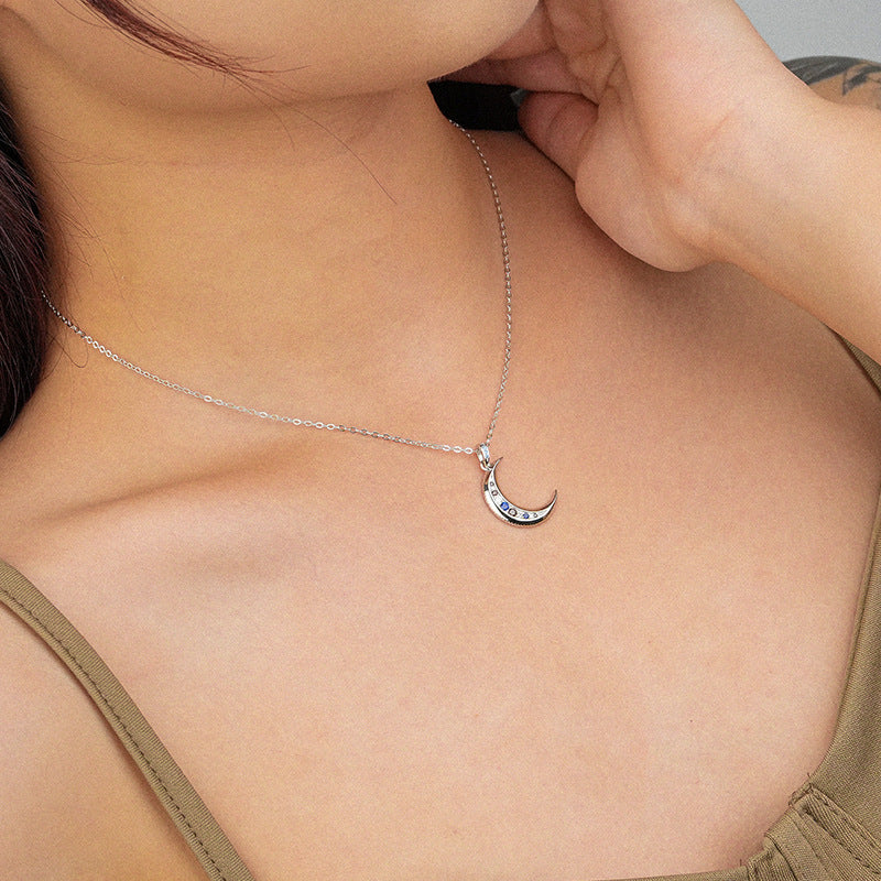 Sterling Silver Crescent Moon Zircon Necklace