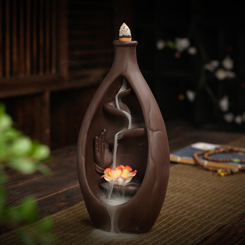 F Ceramic Waterfall Incense Burner Buddha Hand Censer Holder Indoor Smoke Backflow Incense Fountain Buddhist Altar Table Decor