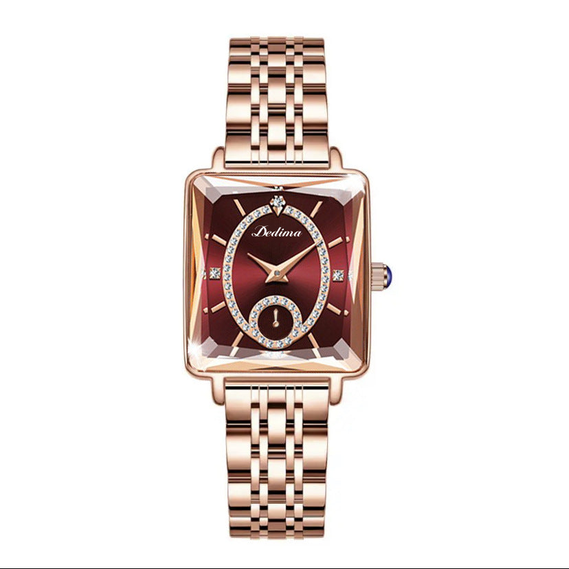 Fashionable Rose Gold Square Women's Diamond Two-pin Half Watch
