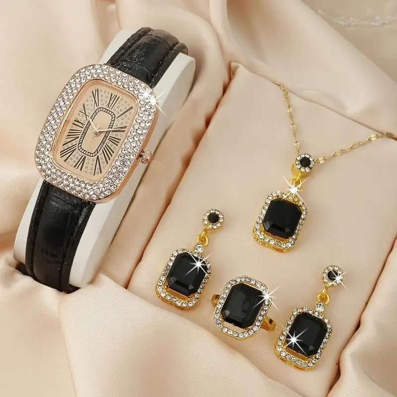 Dazzling Diamond-Accented Quartz Watch & Jewelry Set