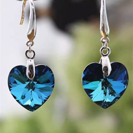 Blue Crystal Heart Dangle Earrings