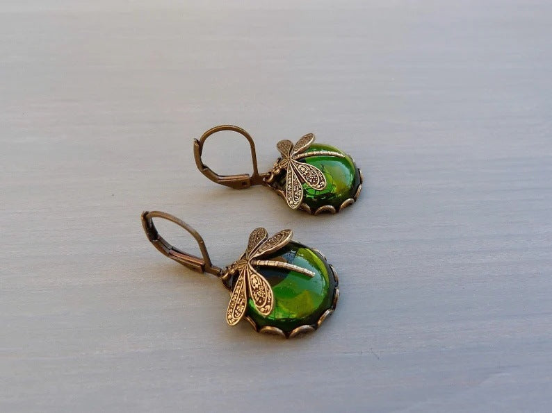 Vintage Dragonfly Pendant Boho Chakra Drop Earrings
