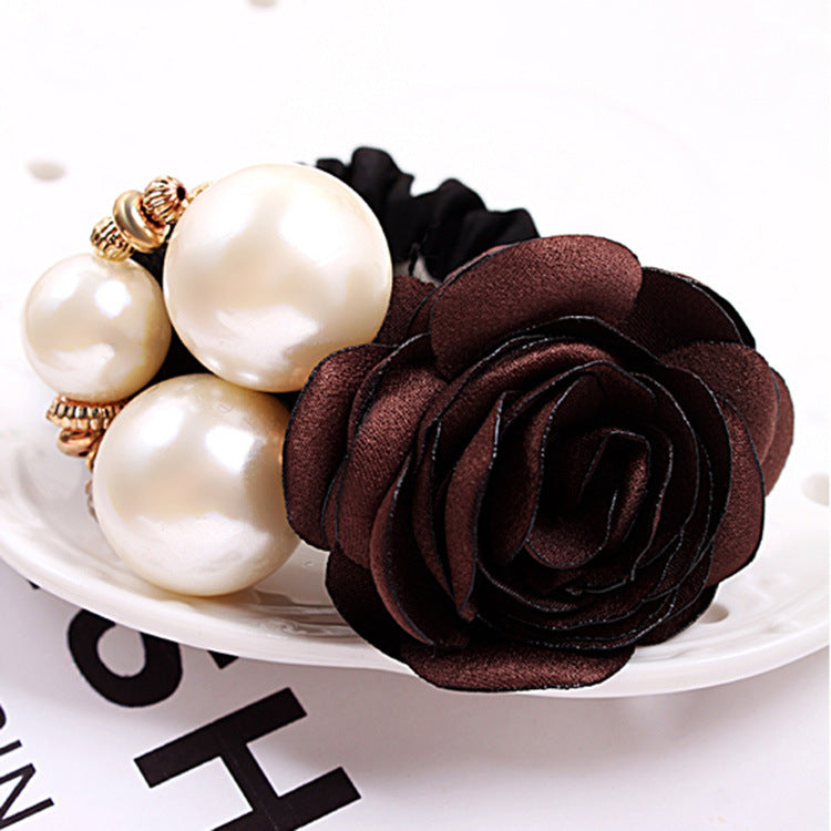 Fashion Big Pearl Rose Flower Hair Tie Camellia Head Rope