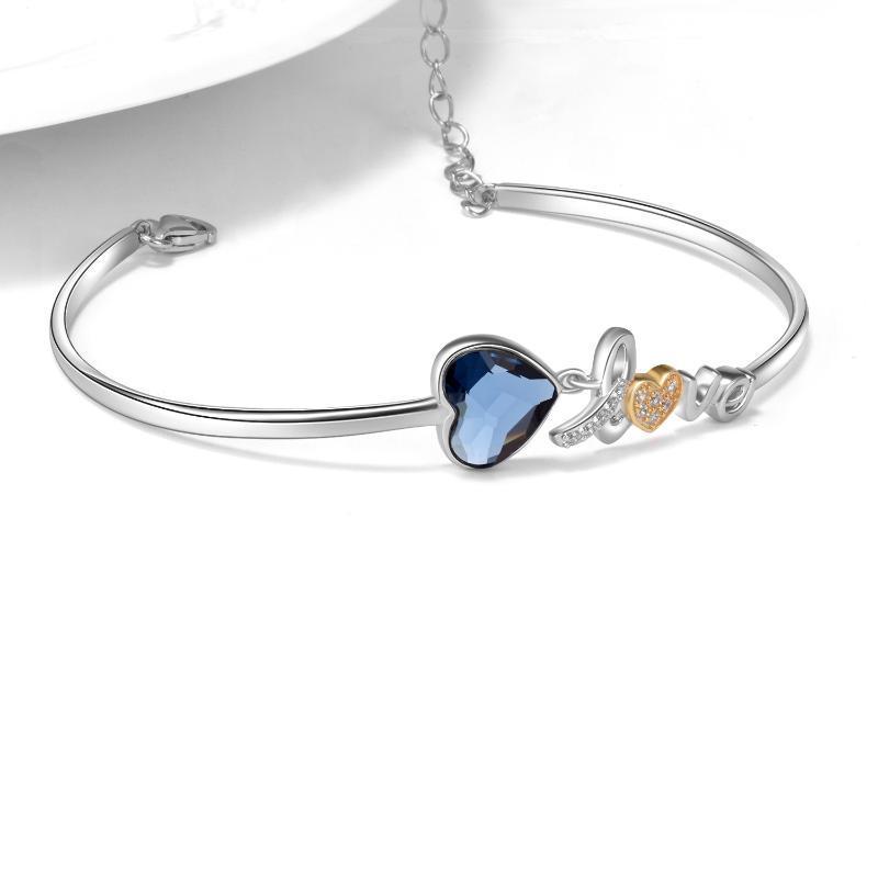 I Love You Heart Bangle Bracelet Fine Jewelry in Sterling Silver with Crystal