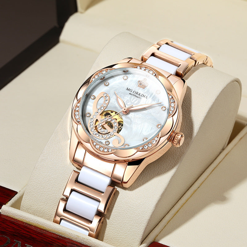 Ouqina Watch Female Automatic Mechanical Watch Ceramic Steel Band