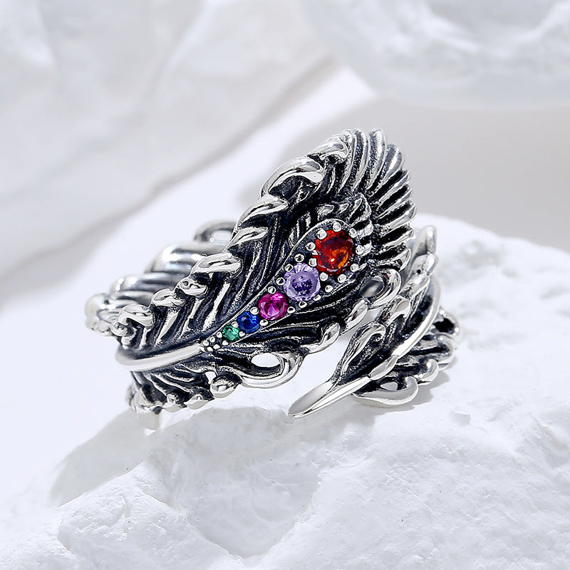 S925 Sterling Silver Stereoscopic Design Feeling Retro And Distressed Peacock Feather With Colorful Zirconium Ring