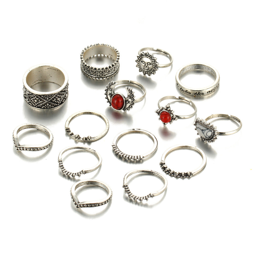 Foreign trade retro silver carved joint ring red and white turquoise 14 piece set set ring female jewelry wholesale