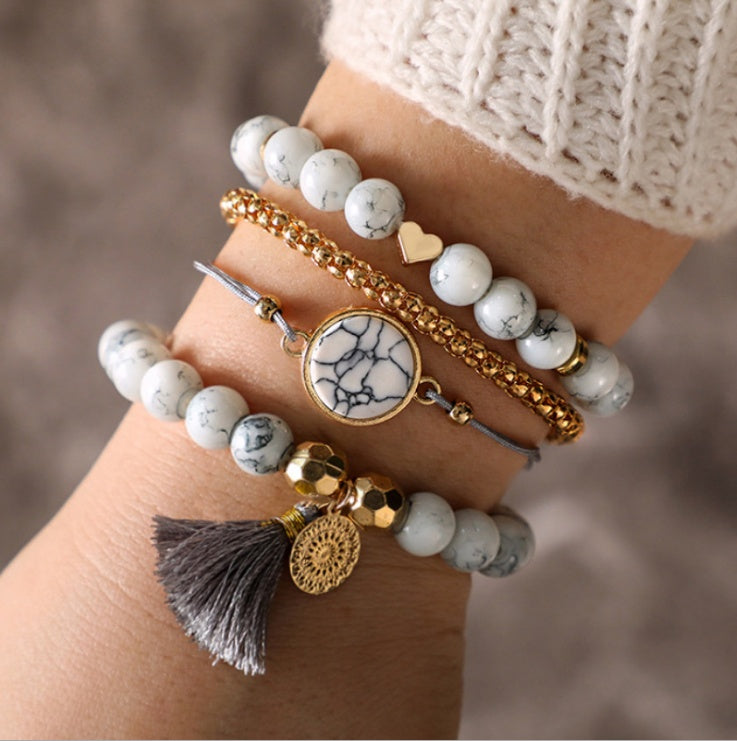 Geometric Hollow Fringed Pine Stone Bracelet Set
