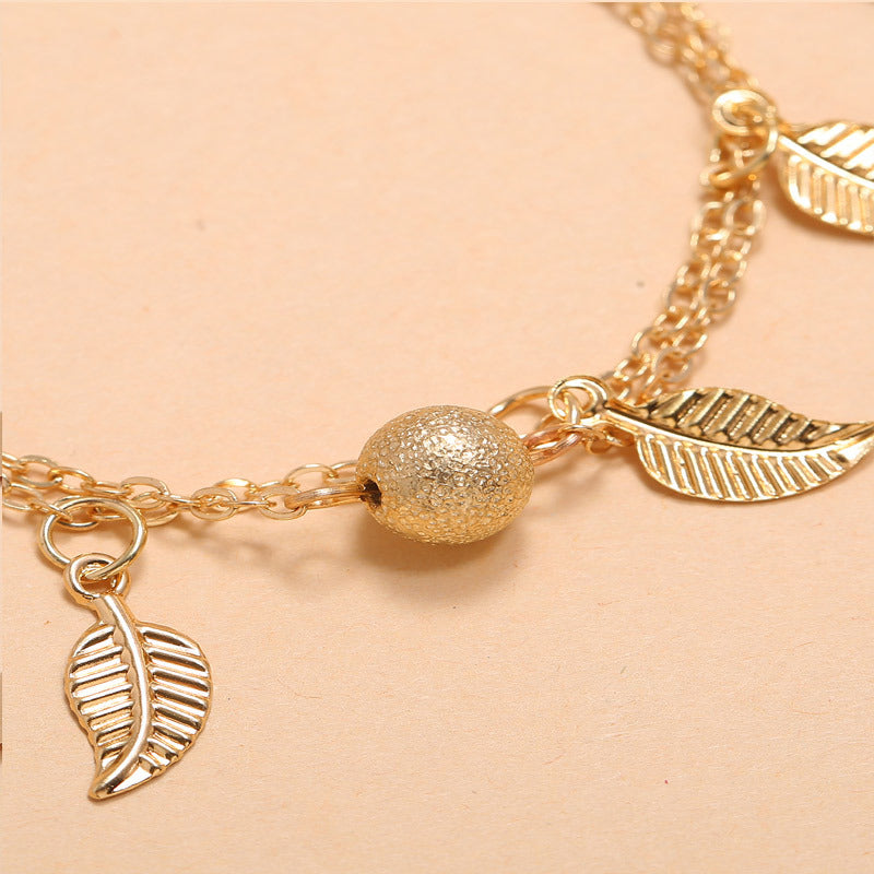 Frosted Round Beads, Small Leaves And Tassel Feet With Double-Layer Anklets