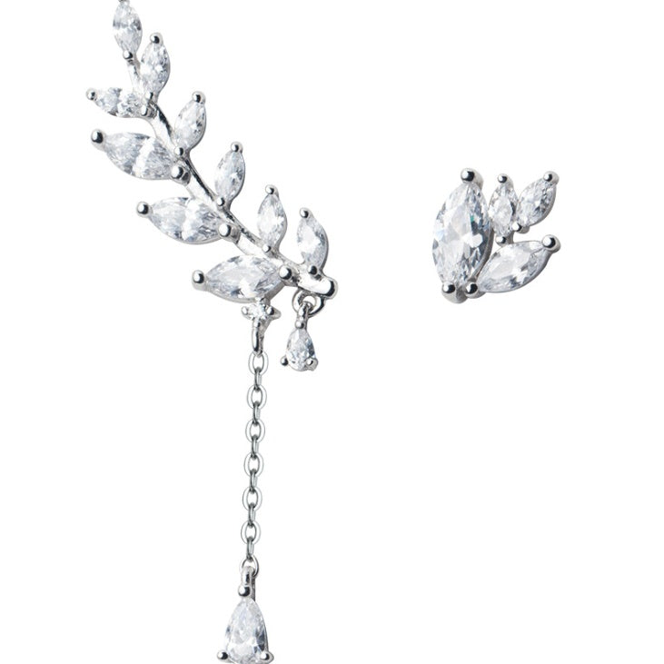 925 Silver Asymmetrical Diamond Leaf Earrings