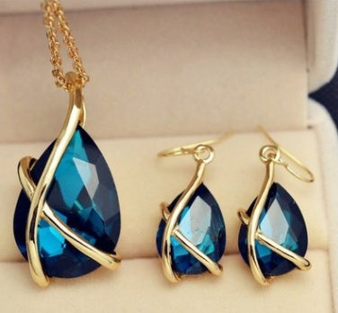 Gold Plated Crystal Stone Pendant Necklace Earrings Set