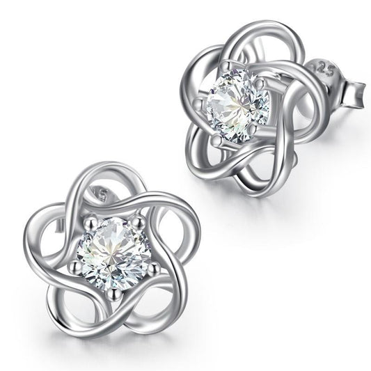 Elegant Rose Stud Earrings White Gold Plated 925 Silver Cubic Zirconia