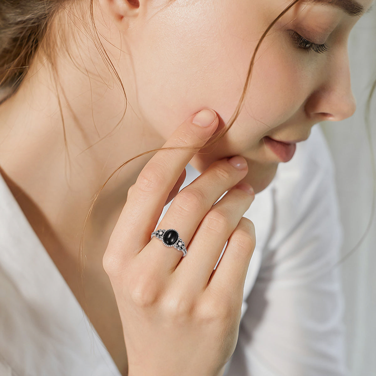 925 Sterling Silver Vintage Oxidized Black Onyx Ring for Women