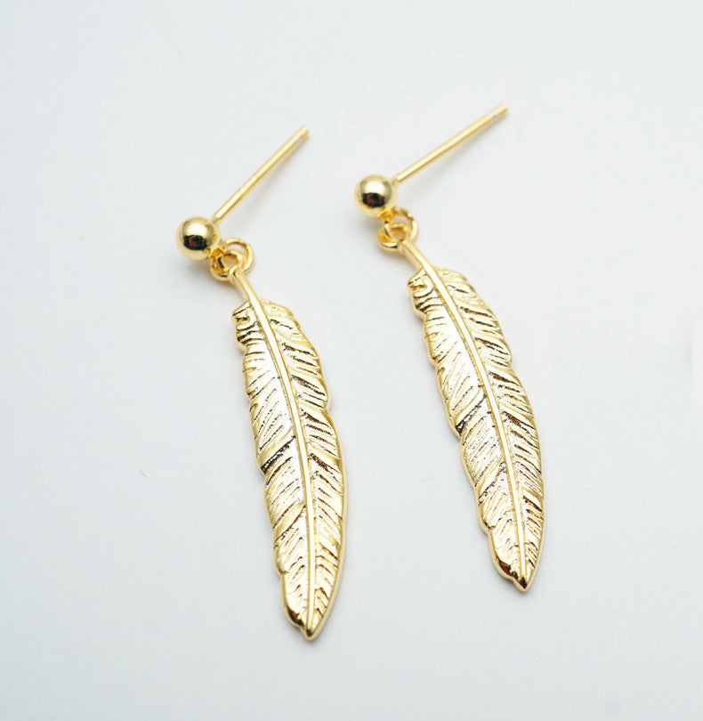 Japanese light luxury jewelry s925 sterling silver plated 18K gold vintage feather earrings Simple Japanese and Korean earrings jewelry