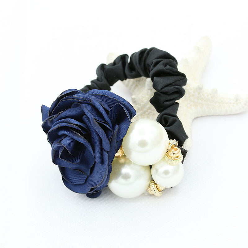 Fashion Big Pearl Rose Flower Hair Tie Camellia Head Rope