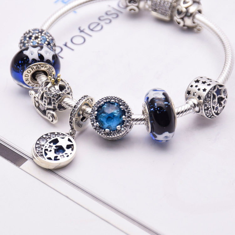 Fashion Blue Glass Bead Crystal Bracelet Silver