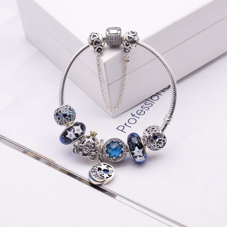 Fashion Blue Glass Bead Crystal Bracelet Silver