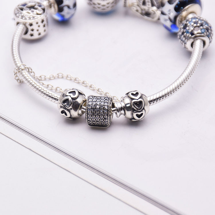 Fashion Blue Glass Bead Crystal Bracelet Silver