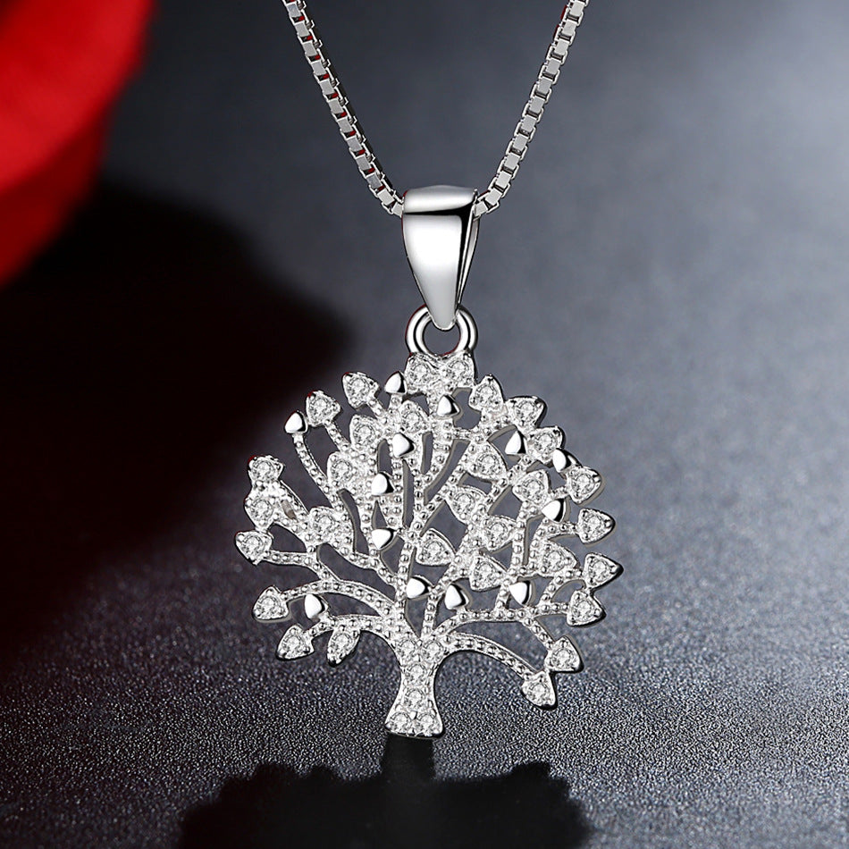 Life Tree Pendant 925 Silver Diamante Necklace