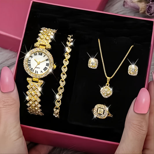 Dazzling Full Diamond Luxury Watch & Jewelry Set
