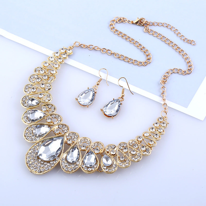 American jewelry fashion temperament Metal Necklace Earrings Set gem diamond drop bride accessories