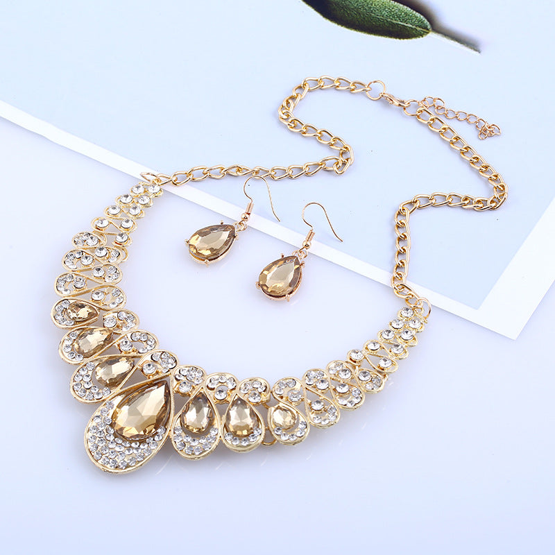 American jewelry fashion temperament Metal Necklace Earrings Set gem diamond drop bride accessories