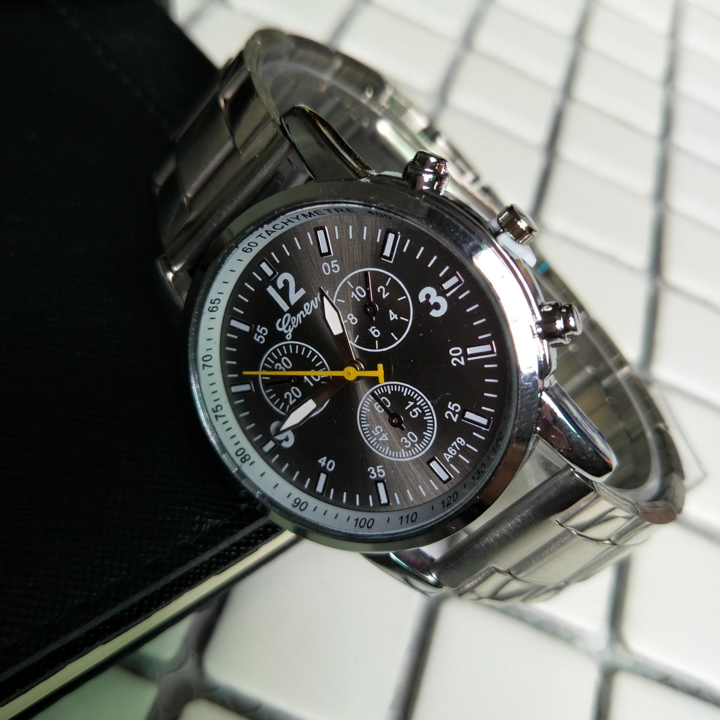 Steel strap three-eye six-hand watch