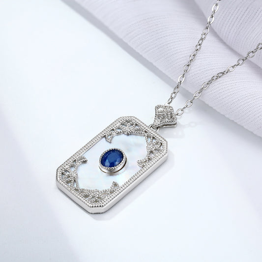 S925 Silver Inlaid Sapphire Necklace With Vintage Pattern Pendant Designed By A Natural Female Belle Pendant