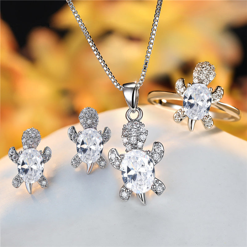 Elegant Oval Zircon Turtle Necklace with Rainbow Stone