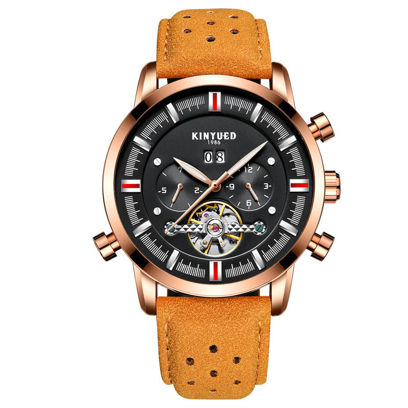 KINYUED Brand Men's Leather Strap, Large Dial Tourbillon Automatic Mechanical Watch