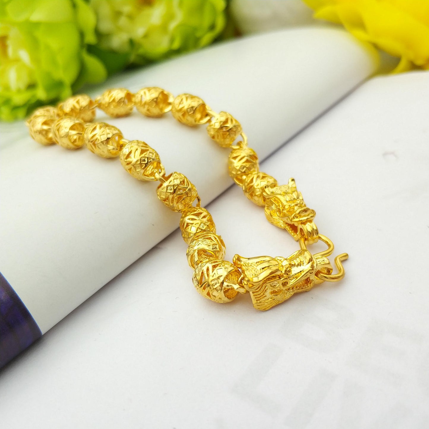 Commanding 24K Yellow Gold Plated Double Dragon Head Bracelet
