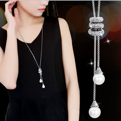 Korea long simple pearl pendant long necklace pendant wild diamond tassel sweater chain female 9302